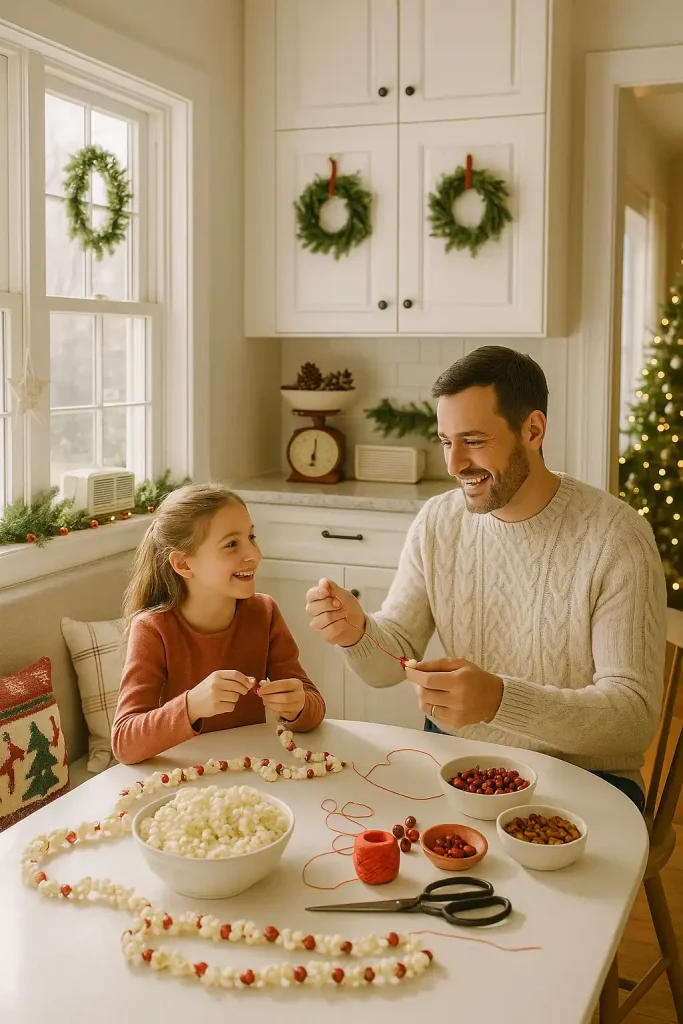 In a breakfast nook flooded with bright morning light, a father and his daughter sit at a table threading popcorn and cranberries onto string. They're not decorating yetβjust making the garlands together, chatting and laughing as they work. The background kitchen is decorated tastefully: wreaths hang on the cabinet doors, a vintage red scale holds a bowl of pinecones, and a garland with mini stockings runs along a windowsill. The Christmas tree is visible through a doorway, untouched for now. On the table are scissors, a spool of red thread, and bowls filled with popcorn. A radio plays classic holiday songs in the background. Itβs a quietly productive, memory-making moment set within a space that feels festive and alive.