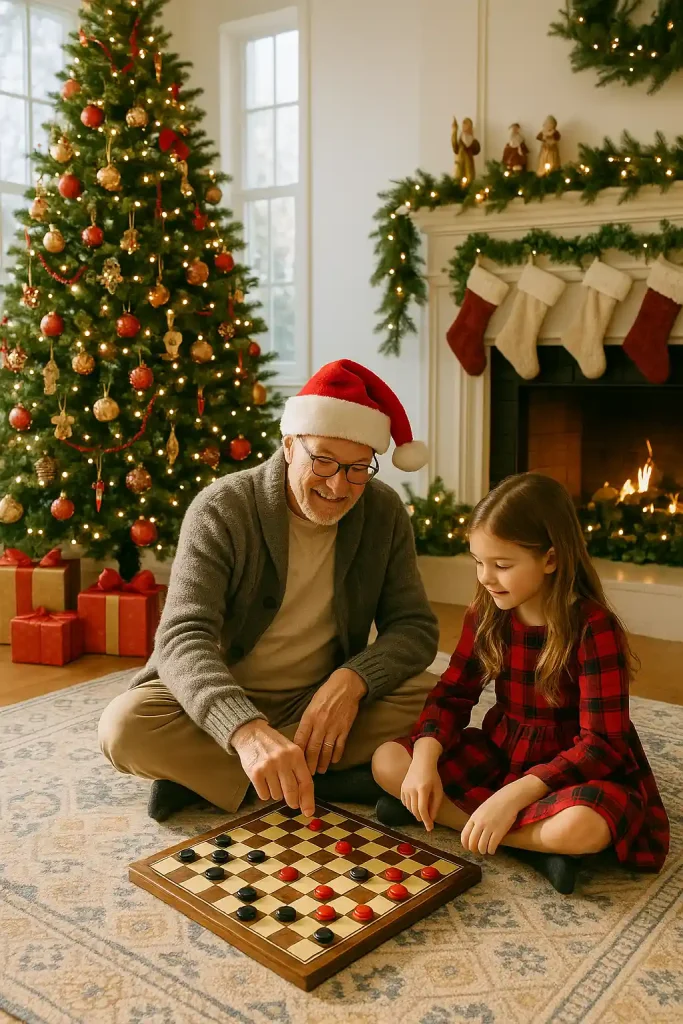 In a bright, spacious living room flooded with natural light from tall windows, a grandfather and his granddaughter sit cross-legged on a patterned rug, fully immersed in a game of checkers. The setting is festive: the fireplace behind them is surrounded by lush garlands, fairy lights, and vintage-style Christmas figurines. A towering Christmas tree sparkles in the corner with a mix of antique and handmade ornaments, red velvet ribbons, and a star topper. Wrapped presents in shiny paper sit nearby. The grandfather wears a wool cardigan and Santa hat, while the girl is in a red plaid dress. The room radiates warmth, joy, and the quiet magic of Christmas, with every decorative detail richly visible.