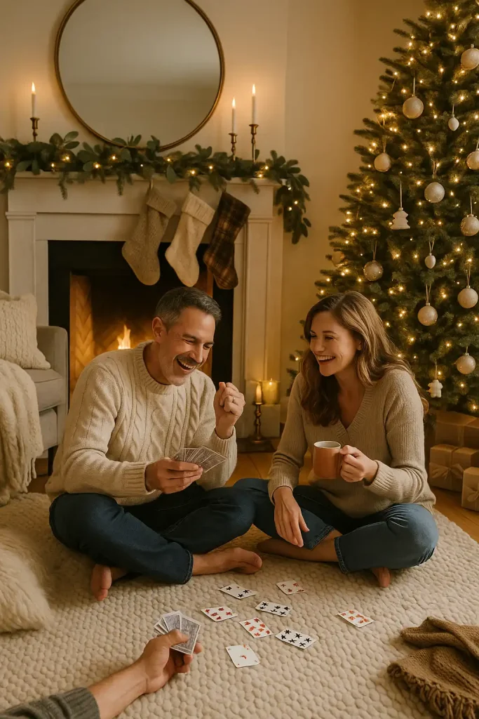 In a warmly lit, beautifully styled living room with modern-rustic Christmas decor, a couple in their 40s lounges on the floor with a deck of cards spread between them. They laugh as one of them wins a round. The fireplace crackles nearby, and the mantel is adorned with eucalyptus garlands, brass candlesticks, and vintage Christmas stockings. A tree in the corner glows with soft gold lights and ceramic ornaments. Wrapped gifts are neatly arranged beneath it. Above, a mirror reflects the soft lights and subtle shimmer of the scene. The room is filled with soft texturesβwoven rugs, fur throws, and knit pillowsβand the lighting is golden and gentle. The moment feels intimate and real, nestled in a richly festive, well-designed room.