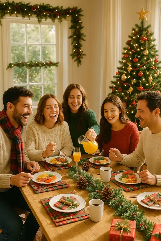 A cheerful group of four friends, two women and two men, are gathered around a farmhouse-style dining table in a sunlit room adorned with classic Christmas dΓ©cor. The table is set with red-and-green plaid napkins, pinecone centerpieces, white dishes, and cinnamon sticks tied with twine. A garland of fresh greenery and twinkle lights drapes over a nearby window frame, and in the background, a traditional tree glows with ornaments and tinsel. One woman is laughing mid-bite, another is pouring orange juice into champagne flutes. They are dressed in casual holiday attireβsweaters, tartan scarves, cozy knitwear. Their body language and expressions show warmth and connection, highlighting the festive spirit in a well-lit, lovingly decorated setting.