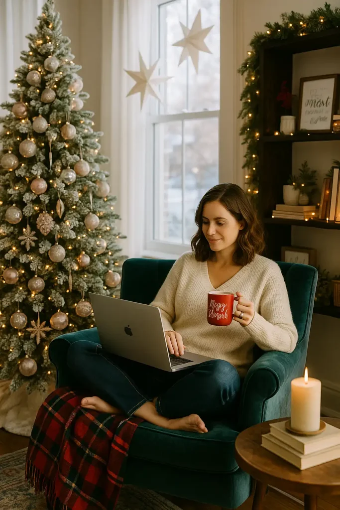 A woman in her 30s sits cross-legged in a velvet armchair beside a large window, working on her laptop. Itβs a bright, wintry morning, and the natural light floods the room, making the space feel open and peaceful. She sips from a red ceramic mug that says βMerry & Brightβ while typing, with a plaid throw draped over her legs. Around her, Christmas dΓ©cor is layered in rich, cozy detail: a flocked tree twinkles with silver and blush ornaments, paper stars hang in the window, and a bookshelf nearby holds garland, fairy lights, and framed festive prints. A candle flickers beside a stack of books on a side table. The scene blends productivity with calm holiday atmosphere in a modern, well-decorated setting.