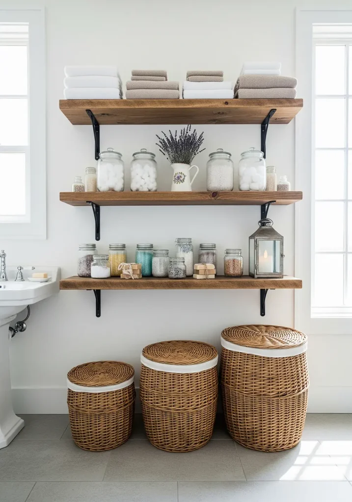 A wide-angle perspective of a well-organized farmhouse bathroom featuring open shelving made from thick, rustic wood planks and black iron brackets. The shelves are neatly arranged with folded towels, glass jars filled with cotton balls and bath salts, and decorative items. Below the shelves, large wicker baskets on the floor provide additional storage for laundry and other essentials. The walls are a crisp white, and the room is filled with natural light, creating a bright and airy feel in this practical and stylish rustic bathroom.