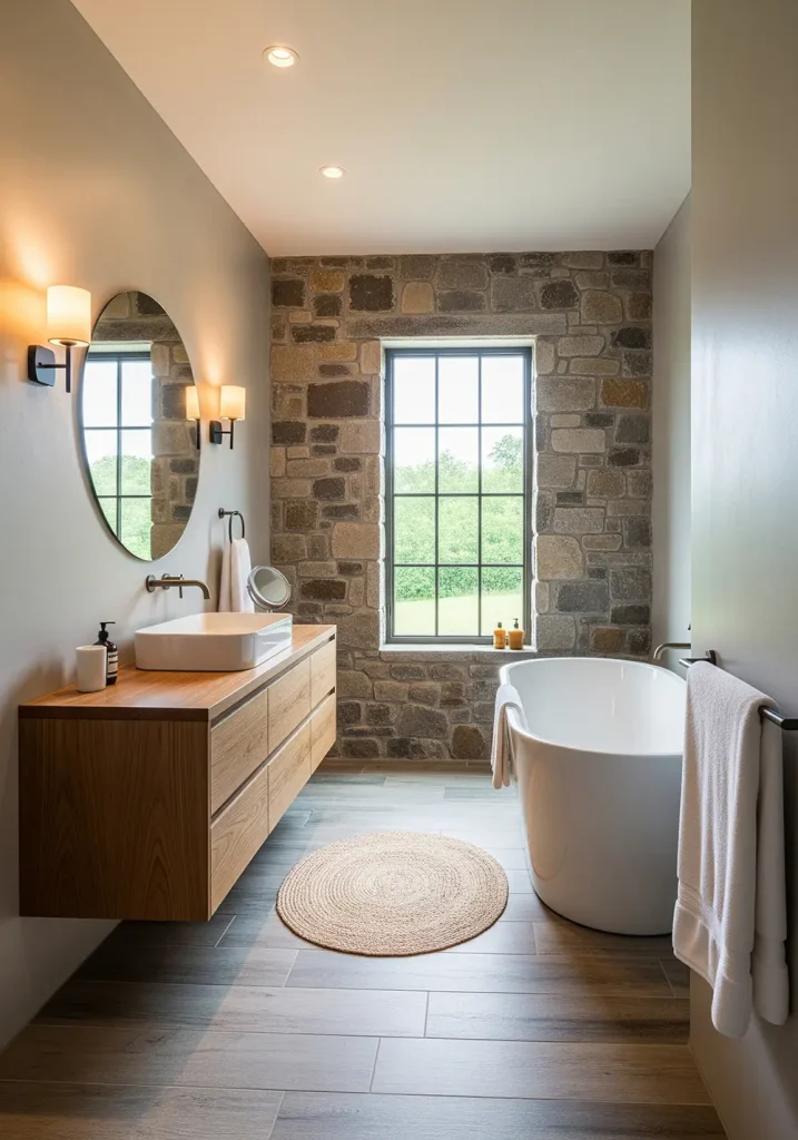 A wide-angle photograph of a luxurious farmhouse bathroom with a stunning accent wall made of natural, rough-hewn stone. The stone wall serves as a backdrop for a sleek, modern freestanding tub, creating a beautiful contrast of textures. The other walls are a smooth, light gray plaster. A floating wooden vanity with an integrated sink adds to the modern-rustic aesthetic. The flooring is a heated, large-format tile that resembles weathered wood, providing both comfort and style in this sophisticated bathroom design.