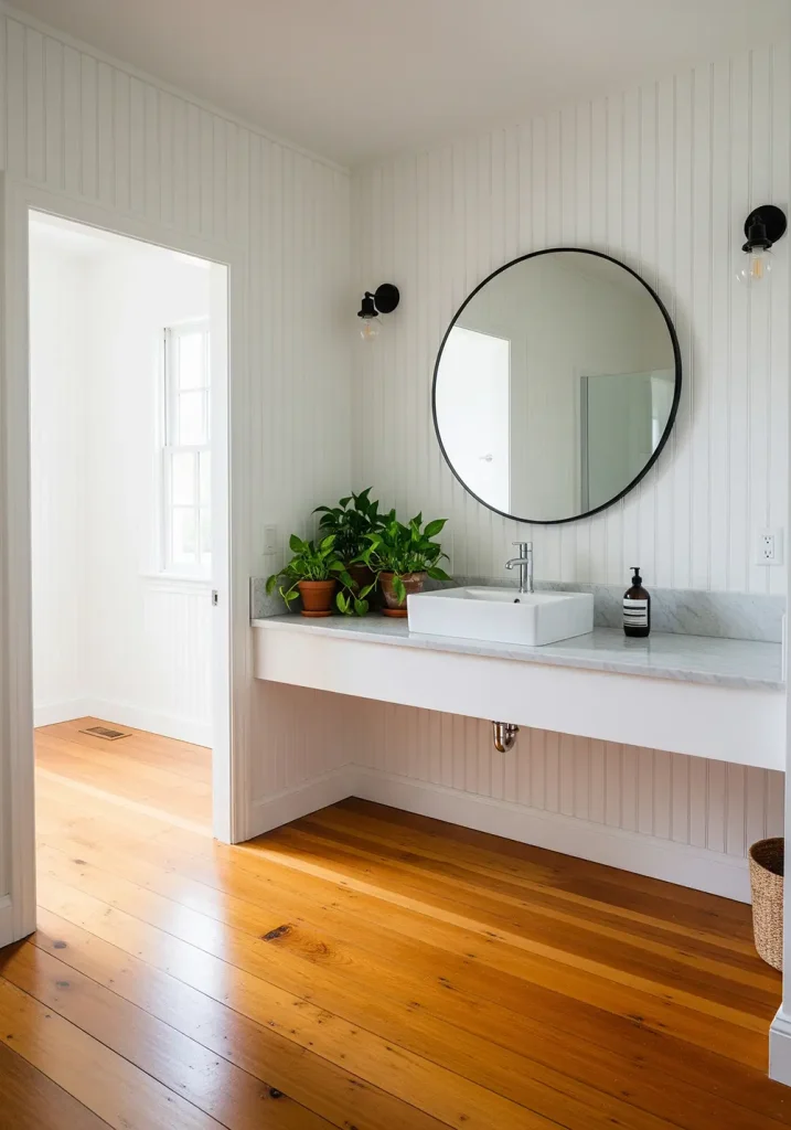 A bright and airy, wide-angle view of a farmhouse bathroom with a simple and clean wood-and-white color palette. The walls are covered in vertical white beadboard, while the floor is a warm, honey-toned hardwood. A simple white vanity with a marble countertop and a single, undermount sink sits against one wall. A large, round mirror with a thin black frame hangs above the vanity, and a few green plants in terracotta pots add a touch of life and color to this fresh and inviting rustic space.