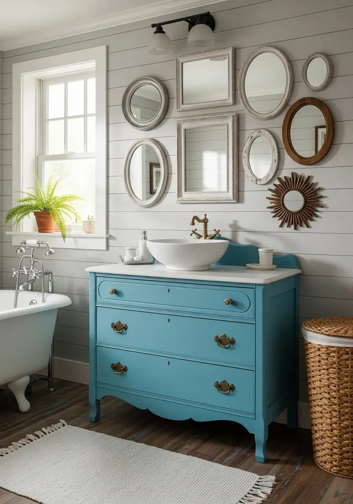 A wide-angle shot capturing the charm of a farmhouse bathroom with a unique vanity made from a repurposed antique dresser. The dresser is painted a cheerful shade of blue and has been fitted with a vessel sink and a vintage-style faucet. The original hardware on the drawers has been preserved, adding to its character. The wall behind the vanity is adorned with a collection of small, framed mirrors of different shapes and sizes, creating a whimsical and eclectic focal point in this rustic bathroom.