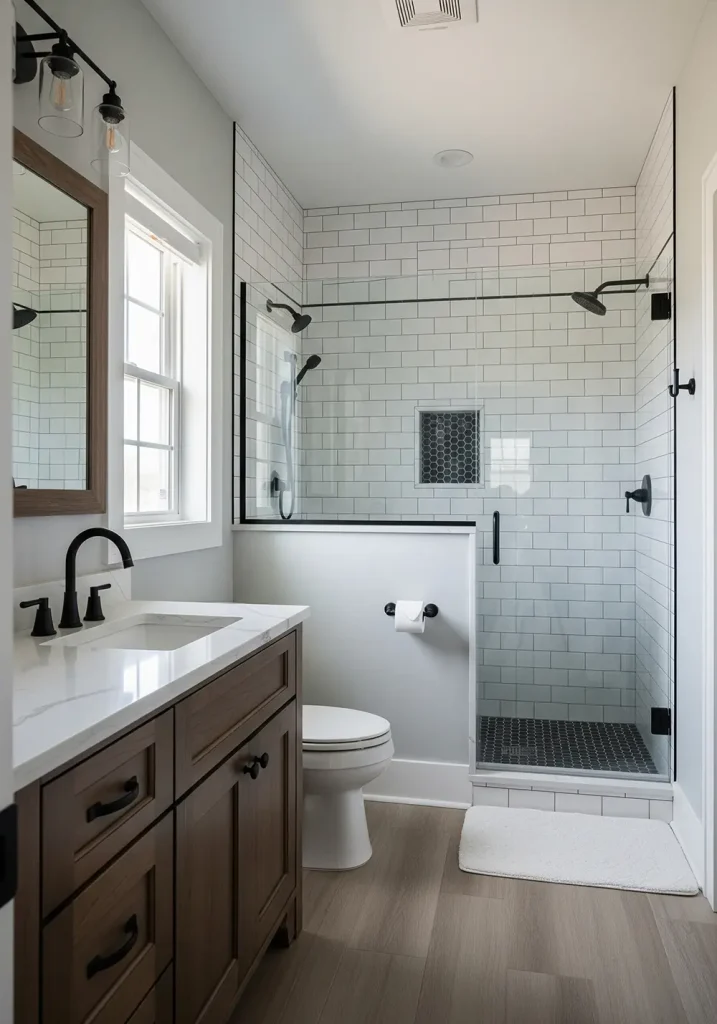 This wide-angle image showcases a farmhouse bathroom with a timeless appeal, featuring classic white subway tiles with dark grout in the shower area. The dark grout lines create a bold, graphic pattern that contrasts beautifully with the white tiles. The rest of the bathroom has light gray walls and a dark wood vanity with a white quartz countertop. A glass shower door keeps the space feeling open and bright, while black matte fixtures add a modern touch to this rustic yet sophisticated bathroom.