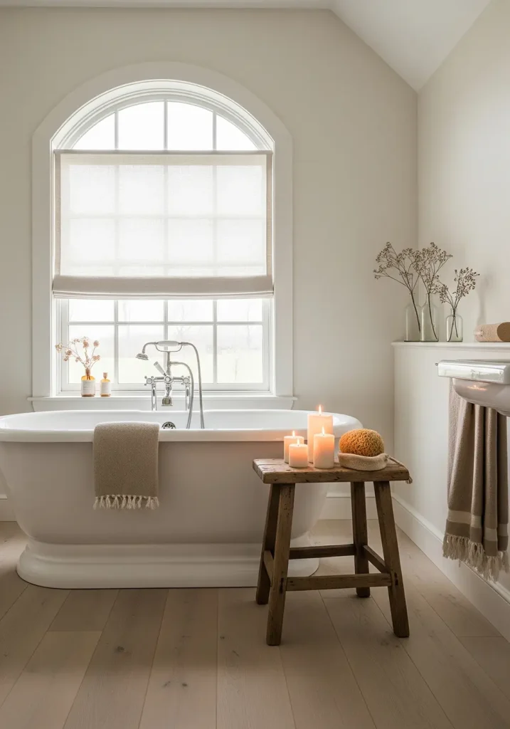 A serene and calming, wide-angle photograph of a farmhouse bathroom bathed in natural light. The color palette is composed of soft, neutral tones of beige, cream, and white. A large, arched window is the main source of light, and a simple linen Roman shade can be lowered for privacy. A freestanding tub sits beneath the window, and a small, rustic wooden table holds a few candles and a loofah. The flooring is a light-colored, wide-plank wood, completing the peaceful and airy atmosphere of this rustic bathroom.