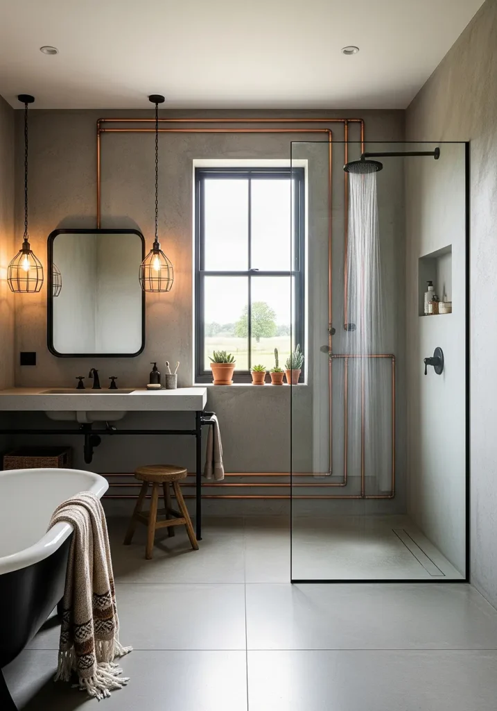 A wide-angle view of a farmhouse bathroom with an industrial edge. Exposed copper pipes run along one wall, serving both a functional and decorative purpose. The shower has a black-framed glass enclosure and a rainfall showerhead. The vanity is a simple, open design with a concrete countertop and a metal frame. A pair of wire-cage pendant lights hang on either side of the vanity mirror, and the floor is polished concrete, creating a cool and contemporary take on the rustic farmhouse style.