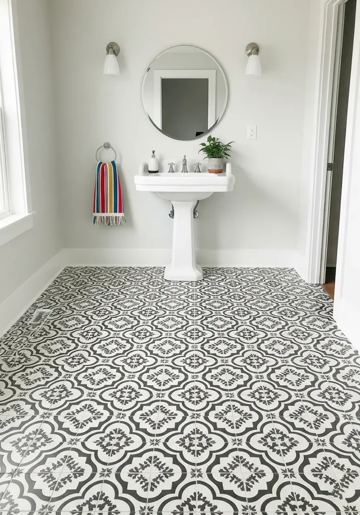 A vibrant, wide-angle shot of a farmhouse bathroom with a bold, patterned floor tile. The black-and-white encaustic-style tiles create a stunning visual impact and serve as the room's focal point. The walls are a simple, clean white, allowing the floor to take center stage. A classic pedestal sink and a simple, frameless mirror keep the look from feeling too busy. A few pops of color are introduced through a green plant and a colorful striped towel, adding to the playful and stylish vibe of this rustic bathroom.