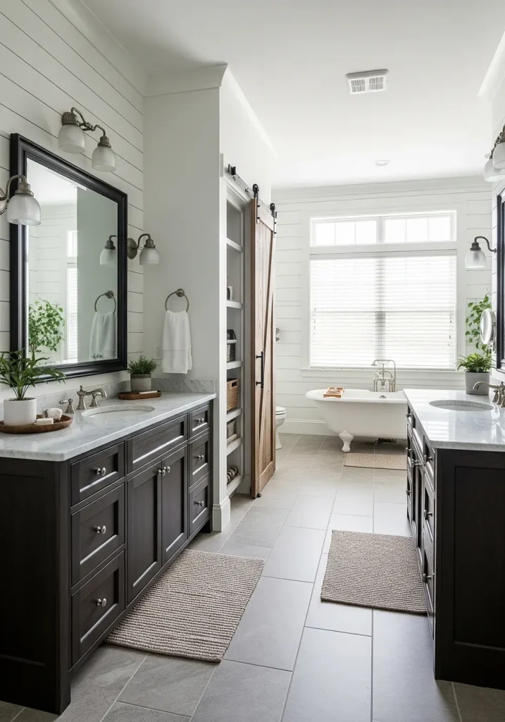 A wide-angle perspective of a spacious master farmhouse bathroom with separate "his and hers" vanities. The vanities are identical, made from dark-stained wood with white marble countertops and undermount sinks. Each vanity has its own large, framed mirror and a set of vintage-inspired sconces. A built-in linen closet with a rustic barn-style door sits between the two vanities, providing ample storage. The floor is a neutral-colored porcelain tile that resembles natural stone, creating a luxurious and functional rustic bathroom.