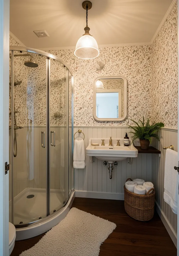 A cozy and inviting, wide-angle view of a small farmhouse bathroom. The space is maximized with clever design choices, such as a corner shower with a curved glass door and a wall-mounted sink. The walls are covered in a charming floral wallpaper with a vintage feel. The flooring is a warm, dark wood, and a small, fluffy rug adds a touch of comfort. A single, antique-style pendant light hangs from the ceiling, casting a soft, warm glow and enhancing the quaint and cozy atmosphere of this lovely rustic bathroom.