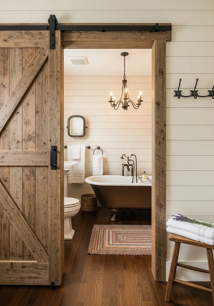 A wide-angle shot captures the entrance to a farmhouse bathroom, where a rustic sliding barn door made of distressed wood is the focal point. The door is open, revealing a cozy interior with a clawfoot tub, a pedestal sink, and shiplap walls painted a soft white. Wrought-iron fixtures and a vintage-inspired chandelier add to the charm. The flooring is a dark-stained hardwood, providing a beautiful contrast to the light-colored walls, creating a warm and inviting atmosphere in this rustic sanctuary.