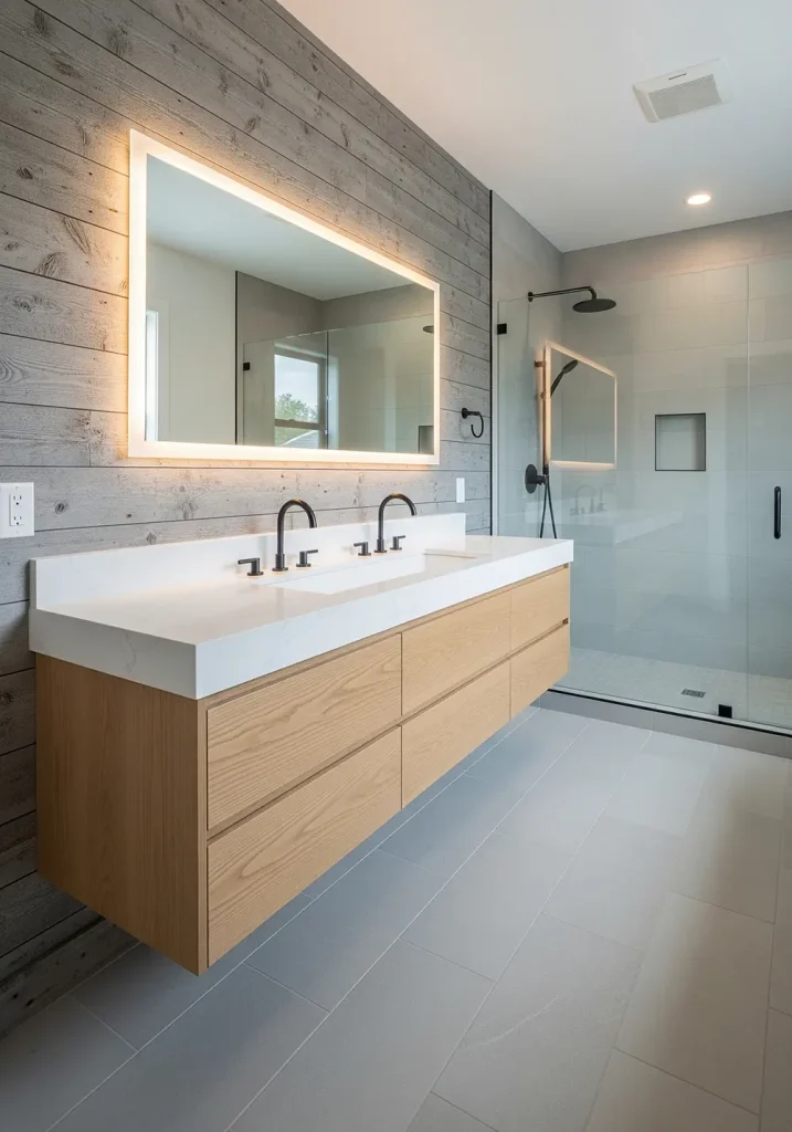 A sleek and stylish, wide-angle shot of a modern farmhouse bathroom. The design seamlessly blends rustic elements with modern finishes. A floating vanity with clean lines and a white quartz countertop is paired with a trough sink and matte black faucets. The wall behind the vanity is a textured, gray-washed wood. A large, frameless mirror with backlighting adds a touch of modern luxury. The floor is a large-format, light gray tile, and a spacious, walk-in shower with a glass panel completes this sophisticated and contemporary interpretation of farmhouse style.