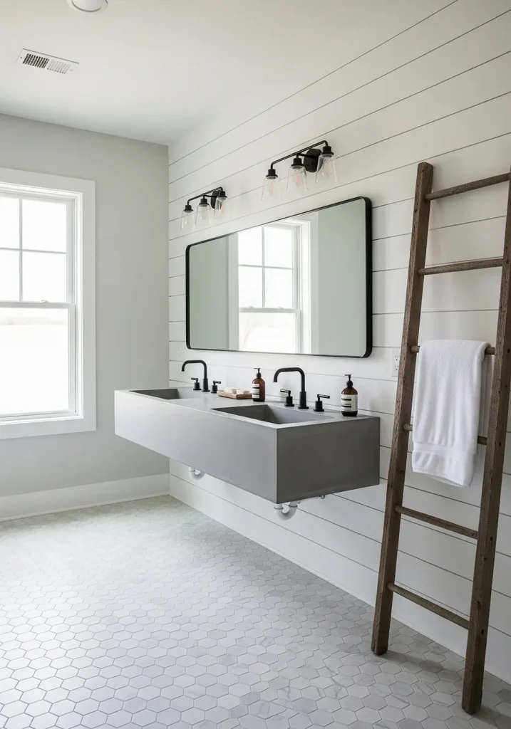 A wide-angle perspective of a spacious farmhouse bathroom dominated by a long, concrete trough sink with two separate faucets. The wall behind the sink is covered in horizontal white shiplap, adding texture and a classic farmhouse element. Above the sink, a large, simple mirror reflects the room's ample natural light from a window. The floor is a mosaic of hexagonal tiles, and a wooden ladder leans against a wall, serving as a unique towel rack, perfectly blending functionality and rustic style.