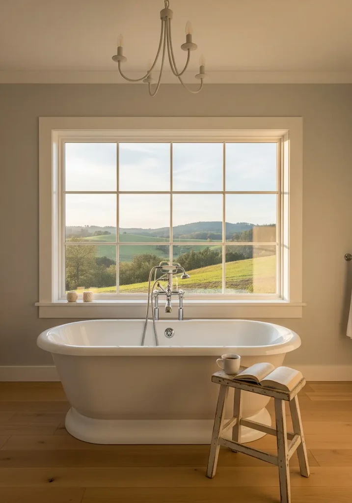 A serene, wide-angle photograph of a farmhouse bathroom featuring a luxurious freestanding bathtub positioned directly in front of a large picture window. The window overlooks a rolling countryside, providing a breathtaking view. The bathroom's color palette is neutral, with soft gray walls and light wood flooring. A small, weathered wooden stool stands beside the tub, holding a book and a cup of tea. A simple, elegant chandelier hangs above, adding a touch of sophistication to this peaceful and rustic retreat.