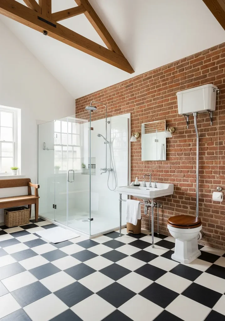 A wide-angle shot showcasing a farmhouse bathroom with a high, vaulted ceiling and exposed wooden beams. One wall is exposed brick, providing a warm and textured backdrop for a simple, white pedestal sink and a vintage-style toilet. A large, frameless glass shower enclosure with a rain showerhead adds a modern touch. The flooring is a classic black-and-white checkerboard pattern, and a rustic wooden bench sits against one wall, offering both seating and storage in this charming, character-filled bathroom.