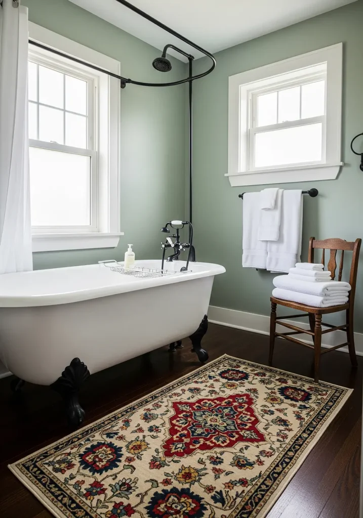 A wide-angle shot of a classic farmhouse bathroom, where a pristine white clawfoot tub takes center stage. The tub's feet are ornate and painted black, matching the other wrought-iron fixtures in the room. A colorful, vintage-inspired rug lies on the dark hardwood floor in front of the tub, adding a pop of color and pattern. The walls are painted a calming shade of sage green, and a small, antique wooden chair holds a stack of fluffy white towels, completing this timeless and rustic bathroom scene.