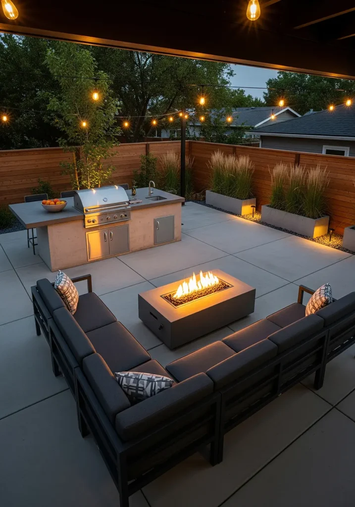 A wide-angle, photorealistic shot of a modern entertainer's backyard oasis at dusk. A large, smooth concrete patio features a built-in outdoor kitchen with a stainless steel grill and concrete countertops. A sleek, dark grey sectional sofa encircles a rectangular gas fire pit with black lava rocks. Warm light from the fire and overhead string lights illuminates the scene, casting soft shadows. The background shows clean-lined wooden fencing and strategically placed architectural grasses in minimalist planters. The expansive view captures the seamless flow between indoor and outdoor living spaces.