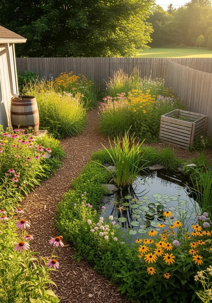 A wide-angle, sun-drenched view of an eco-friendly backyard designed for sustainability and wildlife. A winding path of recycled mulch leads through swathes of native grasses and wildflowers, attracting bees and butterflies. A small wildlife pond with cattails and lily pads is a central feature. A strategically placed rain barrel collects water from the roof. A rustic cedar fence allows for wildlife passage, and a simple compost bin is visible in a corner. The entire space feels harmonious, low-maintenance, and deeply connected to the local ecosystem.