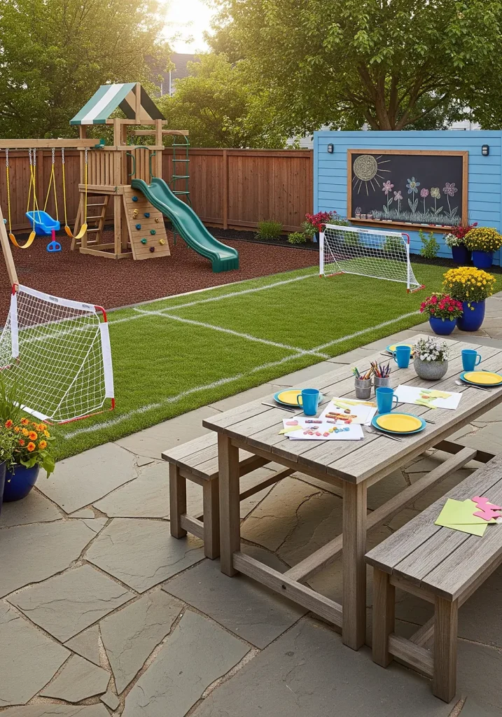 A bright and cheerful wide-angle photo of a family-focused backyard. In one area, a modern, safe playground with a slide and swings sits on a soft rubber mulch base. Nearby, a durable patch of lawn is designated for games, with a soccer net set up. A spacious patio area includes a large, sturdy picnic table for outdoor meals and crafts. A colorful chalkboard is mounted on the fence for creative expression. This backyard is designed for activity, safety, and making memories, with clear zones for play and relaxation.