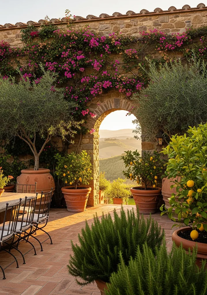 A warm, wide-angle photograph of a backyard designed to evoke a Tuscan villa. A terracotta tile patio is furnished with wrought iron chairs and a stone table. Large terracotta pots hold olive trees, lemon trees, and rosemary. A rustic stone wall forms the backdrop, covered in climbing bougainvillea with vibrant pink flowers. An arched opening in the wall offers a glimpse of rolling hills beyond. The late afternoon sun casts a golden glow over the entire scene, creating a sense of rustic elegance and Mediterranean warmth.