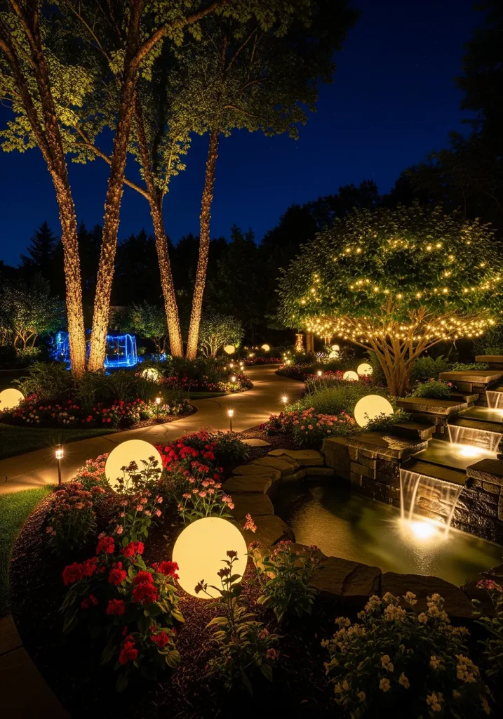 A magical, wide-angle night photograph of a backyard transformed by creative lighting. Low-voltage uplighting illuminates the trunks of mature trees, creating dramatic silhouettes. Paths are subtly lit with solar-powered stake lights. Glowing orbs are placed within flowerbeds, and fairy lights are wrapped around the branches of a large shrub, mimicking fireflies. A water feature is lit from within, making the water shimmer. The interplay of light and deep shadow creates a mysterious, enchanting, and utterly captivating atmosphere, revealing a hidden dimension of the garden after dark.