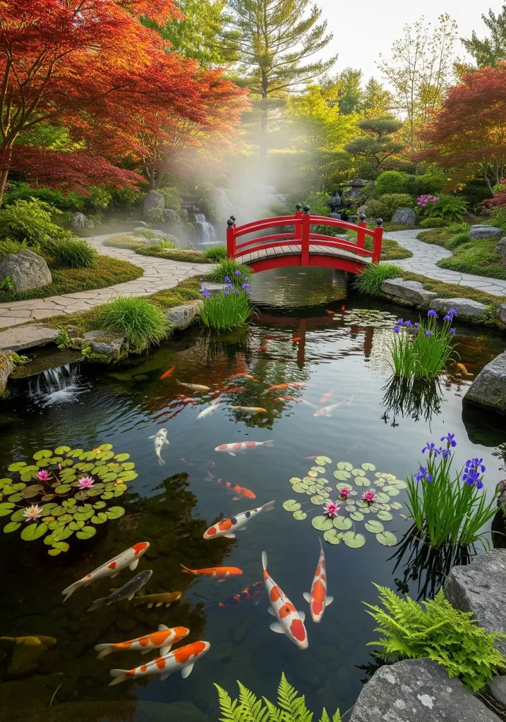 A tranquil, wide-angle view centered on a beautifully landscaped koi pond. The pond has clear water, revealing colorful koi fish swimming gracefully below. Water lilies and irises grow along the edges. A small, arched wooden bridge, painted red, crosses over a narrow section of the pond, connecting two parts of a flagstone path. Surrounding the pond are Japanese maples, ferns, and mossy rocks, creating a lush, peaceful environment. The sound of a small waterfall aerating the pond adds to the serene ambiance of this contemplative garden space.