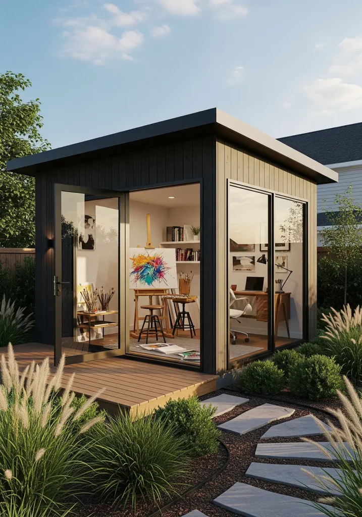 A wide-angle, aspirational image of a modern backyard studio shed. The shed has a contemporary design with large glass doors that open onto a small wooden deck. One side of the shed is made almost entirely of glass, revealing an artist's studio or a writer's office inside. The exterior is clad in dark-stained cedar. The shed is nestled amongst thoughtful landscaping, including ornamental grasses and a stone path leading from the main house. It represents the perfect backyard escape for creativity, work, or hobbies, blending functionality with beautiful design.