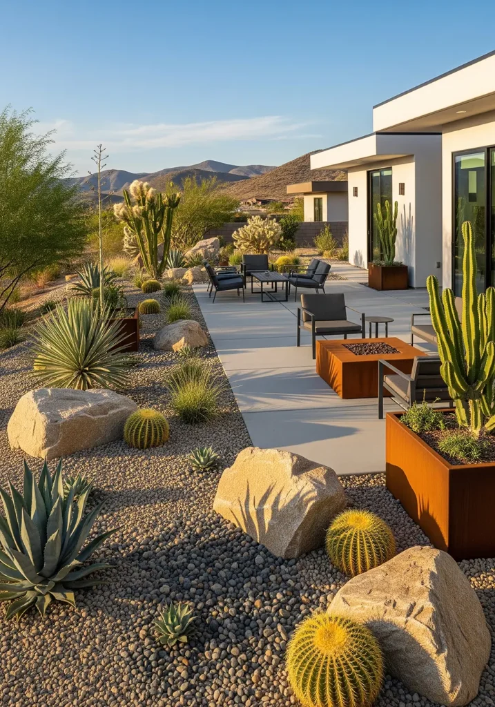 A striking wide-angle photograph of a desert modern backyard. The design features a xeriscape with decorative gravel, large sculptural boulders, and drought-tolerant plants like agave, yucca, and barrel cactus. A sleek, board-formed concrete patio provides a clean living space, furnished with minimalist metal furniture. A corten steel fire pit and planter boxes add a rustic, industrial touch with their warm, rusted patina. The design is water-wise, low-maintenance, and architecturally stunning, perfectly complementing a modern home in an arid climate.