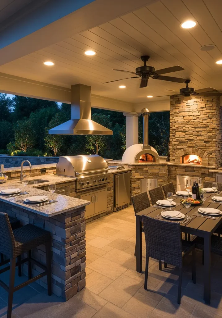 A comprehensive wide-angle view of the ultimate outdoor kitchen and dining area. This luxurious setup is built under a solid roof structure with recessed lighting and ceiling fans. It features a large built-in gas grill, a pizza oven, a sink, an under-counter refrigerator, and ample granite countertop space for prep. A high-top bar with comfortable stools provides casual seating, while a full dining table is set nearby. The space is constructed with a mix of stacked stone and stainless steel, conveying permanence, luxury, and a passion for outdoor cooking.