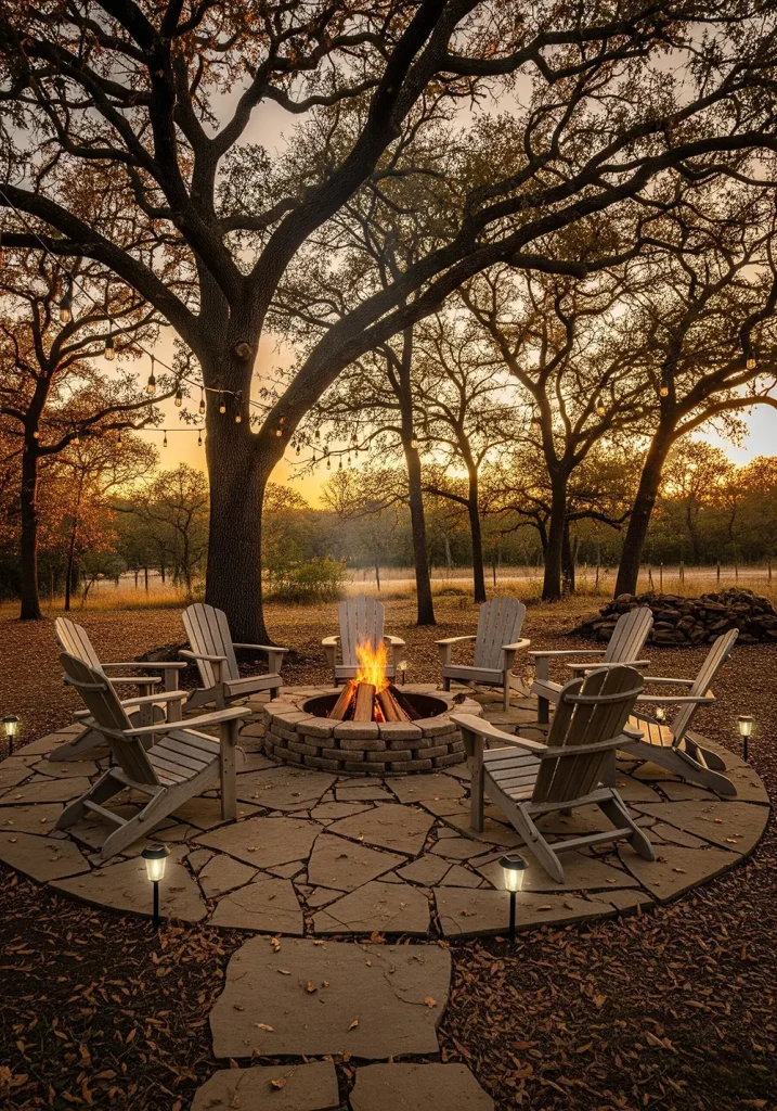 A heartwarming, wide-angle photograph capturing a rustic backyard during the golden hour. A circular flagstone patio is the centerpiece, with a crackling wood-burning fire pit made of natural fieldstone at its heart. A group of comfortable, weathered Adirondack chairs are arranged around the fire. Tall, mature trees with autumn foliage frame the scene, their leaves catching the warm, low sunlight. Scattered solar-powered lanterns and a string of Edison bulbs hanging from a large oak tree begin to glow, creating an inviting and cozy atmosphere for an evening gathering.