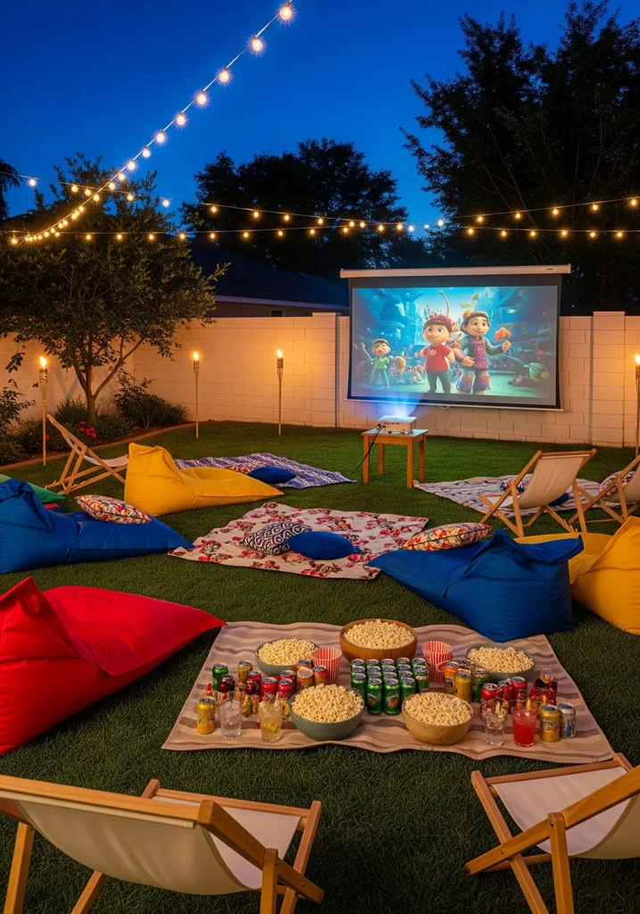 A fun, wide-angle evening shot of a backyard set up for an outdoor movie night. A large projector screen is attached to a wall or freestanding frame at one end of a lush lawn. A projector sits on a small table in the background. The lawn is covered with an assortment of comfortable seating: outdoor beanbags, blankets, and low-slung beach chairs. Tiki torches and solar-powered string lights provide a soft, festive glow. Bowls of popcorn and drinks are scattered about, creating a cozy and communal atmosphere for enjoying a film under the stars.