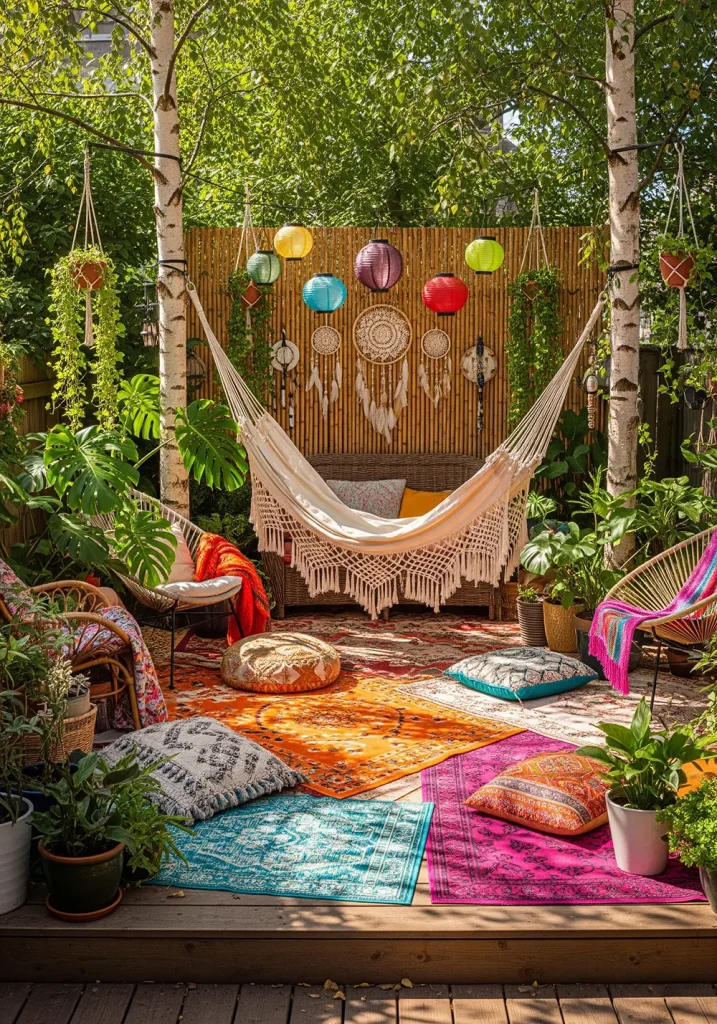 A vibrant, wide-angle view of an eclectic bohemian backyard retreat on a sunny afternoon. A low-level wooden deck is covered with a variety of patterned outdoor rugs in bold colors. A comfortable hammock with macrame details hangs between two birch trees. Seating consists of mismatched wicker chairs and floor cushions. Potted plants of all sizes, including large monsteras and trailing ivy, are abundant. A bamboo privacy screen is decorated with hanging lanterns and dreamcatchers, creating a layered, personal, and free-spirited outdoor living space.