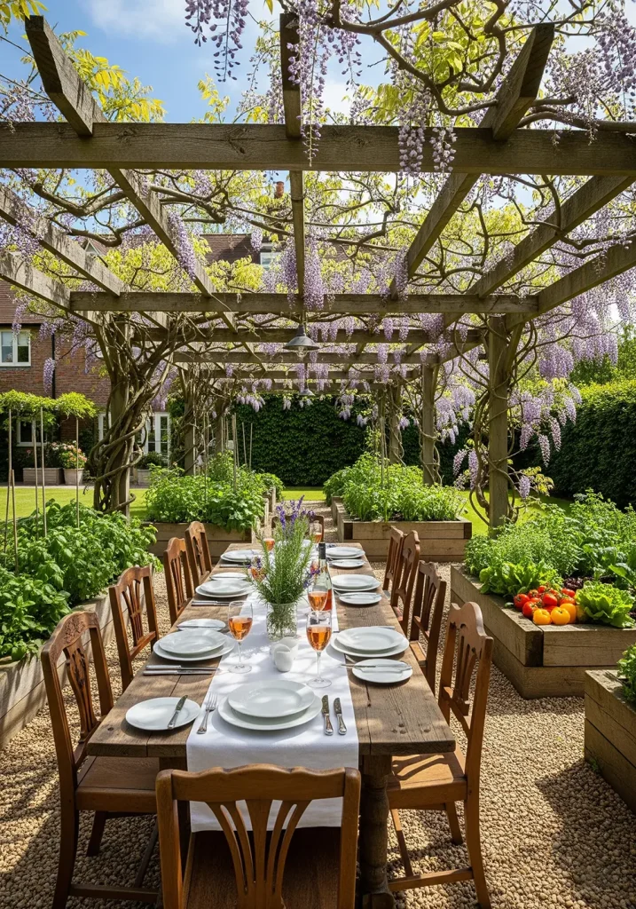 A beautiful wide-angle shot of a backyard alfresco dining area set for a summer lunch. A rustic wooden pergola covered in flowering wisteria stands over a long, reclaimed wood dining table. The table is elegantly set with white linen, simple ceramic plates, and glasses of rosé wine. Mismatched wooden chairs add a touch of charm. The surrounding area features pea gravel underfoot and raised garden beds overflowing with herbs and vegetables. The bright midday sun filters through the vines, dappling the scene with light and shadow.