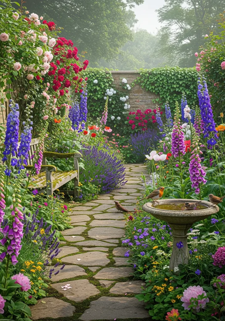 An idyllic, wide-angle perspective of a classic English cottage-style backyard. A meandering flagstone path winds through densely packed flower beds bursting with roses, delphiniums, lavender, and foxgloves. A small, weathered wooden bench is nestled in a corner, offering a quiet place for reflection. A charming birdbath sits amongst the flowers, attracting small birds. The backdrop is a stone wall covered in climbing ivy, enhancing the feeling of a secret, enchanting space. The overall atmosphere is romantic, colorful, and slightly untamed, radiating natural beauty.