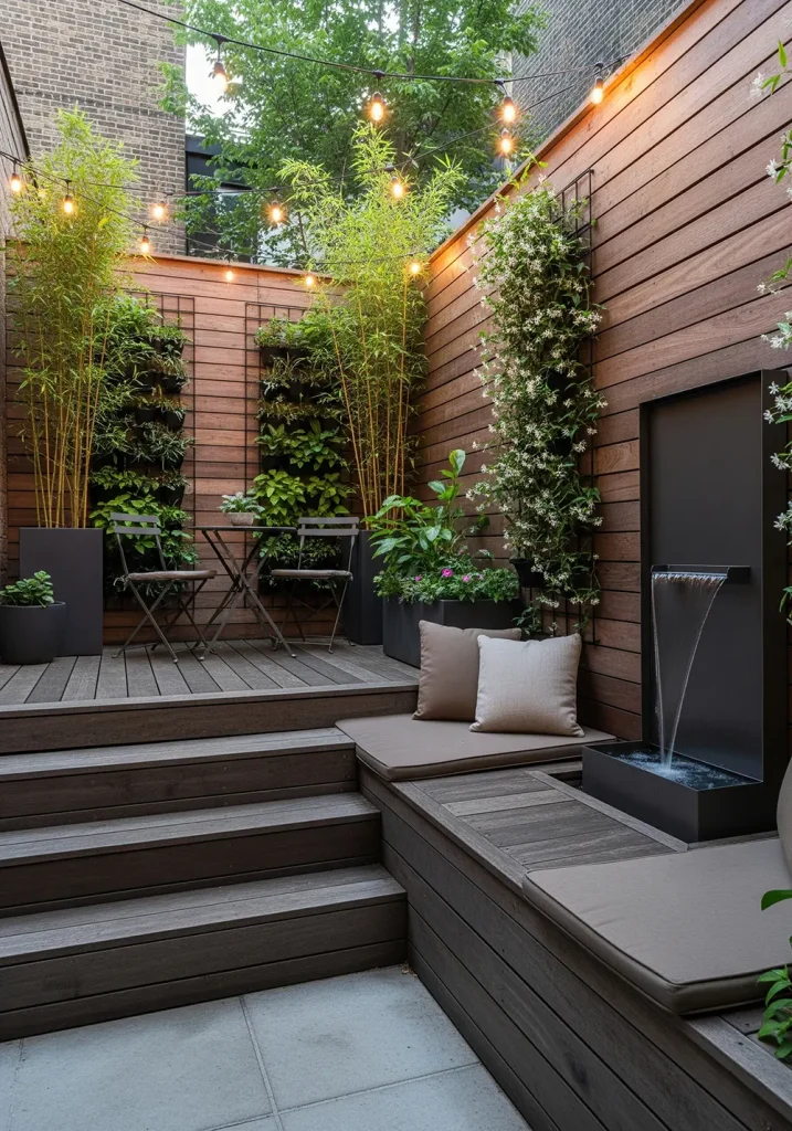 A clever, wide-angle depiction of a small urban backyard transformed into a private sanctuary. High wooden privacy fences create a sense of seclusion. A compact, multi-level deck maximizes the space, with a built-in bench on one level and room for a small bistro set on another. Vertical gardens and strategically placed container plants, including bamboo and climbing jasmine, create a lush, green environment. A small, modern, wall-mounted water feature provides tranquil background noise. Overhead, string lights create a magical ambiance perfect for a city evening escape.