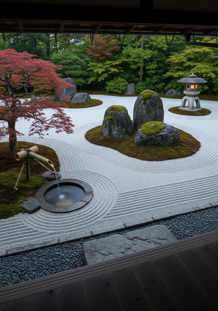 A serene, wide-angle photograph of a Japanese-inspired Zen backyard. Carefully raked white gravel represents water, with several large, moss-covered boulders placed asymmetrically to symbolize islands. A stone lantern, a small bamboo water fountain (shishi-odoshi), and a gracefully pruned Japanese maple are the key focal points. A simple wooden deck or engawa provides a viewing platform. The design is minimalist and tranquil, intended to inspire meditation and calm. The expansive view emphasizes the principles of balance, simplicity, and harmony with nature.