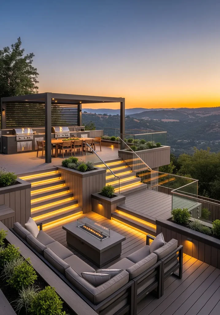 A dramatic, wide-angle shot of a multi-level composite deck built on a sloped backyard, overlooking a valley at sunset. The upper level features an outdoor kitchen and dining area under a modern pergola. Wide steps lead down to a lower lounge level with a comfortable outdoor sectional and a fire table. Glass panel railings ensure an unobstructed view of the stunning landscape. Built-in planter boxes and low-voltage deck lighting are integrated seamlessly into the design, highlighting the architectural beauty and making it functional after dark.