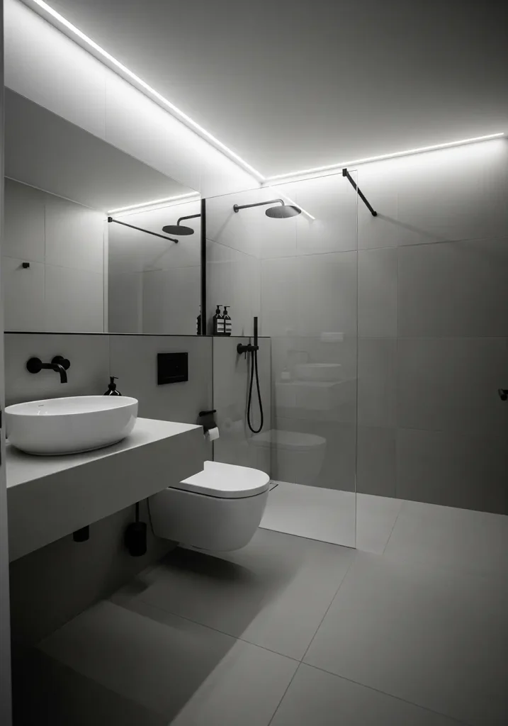 A pristine, modern minimalist restroom featuring clean lines and a monochromatic color scheme. A floating concrete vanity holds a single white ceramic vessel sink with a matte black faucet. The walls are large-format gray porcelain tiles, seamless and groutless. A wall-mounted toilet enhances the sense of space. Recessed LED strip lighting provides a soft, ambient glow. The focal point is a frameless glass walk-in shower with a simple rain shower head. Photorealistic, ultra-detailed, captured with a wide-angle lens to emphasize the spacious, uncluttered aesthetic.