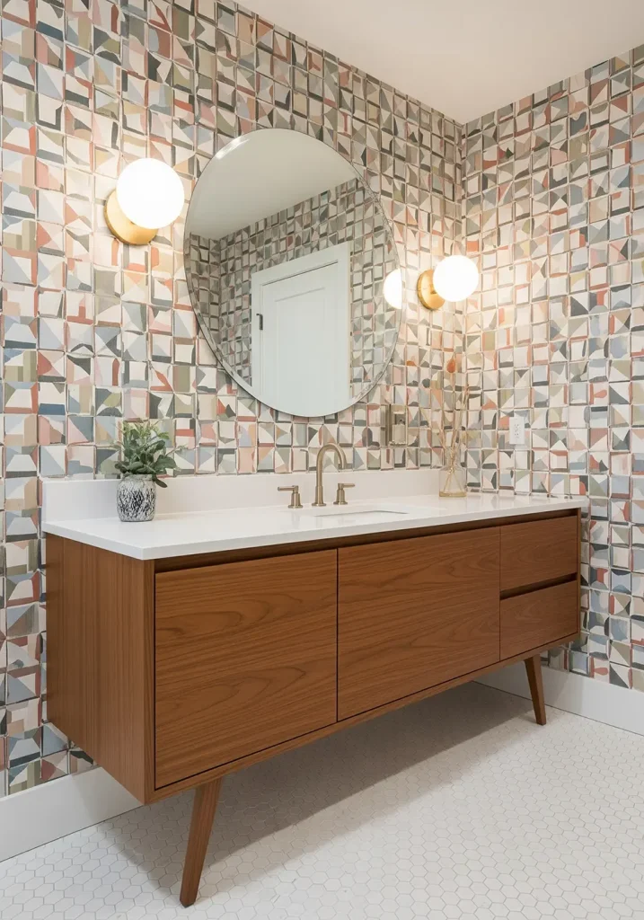 A stylish mid-century modern restroom with iconic design elements. A floating teak vanity with clean lines and tapered legs is the centerpiece. The wall behind it features a colorful, geometric-patterned wallpaper. A large, frameless round mirror and globe-shaped sconces complete the look. The floor is made of simple white hexagonal tiles. Fixtures are a mix of brass and chrome, staying true to the era's aesthetic. A comprehensive wide-angle shot captures the playful yet sophisticated character of this retro-inspired space.