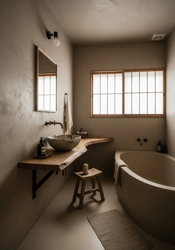 A tranquil restroom design inspired by the Japanese philosophy of Wabi-Sabi, finding beauty in imperfection. The space features textured plaster walls in a neutral, earthy tone. A low, rustic wooden stool sits beside a deep, Japanese-style soaking tub (ofuro). The vanity is a simple, asymmetrical piece of aged wood with a handmade ceramic sink. Natural, diffused light filters through a shoji screen window. A wide-angle perspective captures the serene, minimalist, and perfectly imperfect essence of the room.