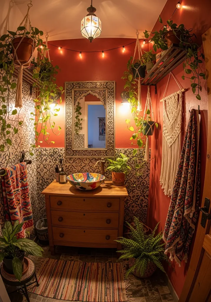 A vibrant and eclectic bohemian restroom bursting with personality and texture. The walls are adorned with a mix of patterned tiles and a rich, terracotta-colored paint. A vintage wooden dresser has been repurposed as a vanity, featuring a colorful vessel sink. A large, ornate Moroccan mirror hangs above it. The space is filled with numerous potted plants, macrame wall hangings, and mismatched, colorful textiles. A wide-angle lens is used to capture the free-spirited, layered, and artistic nature of this unique design.
