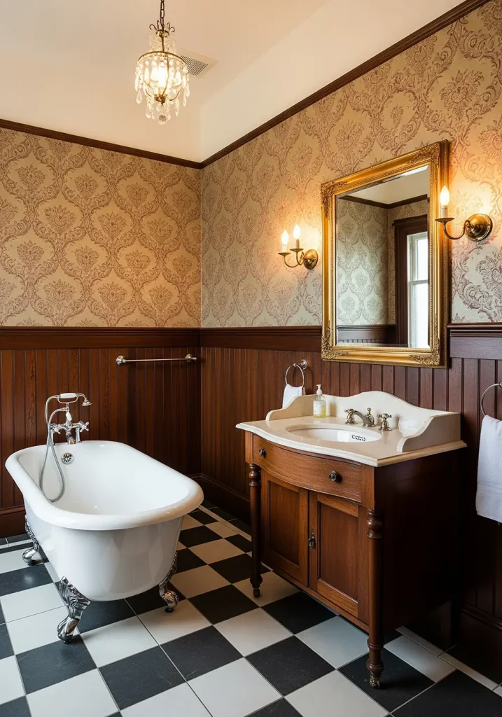 An elegant Victorian-era restroom design characterized by intricate details and classic luxury. A clawfoot bathtub with ornate chrome feet stands on a black-and-white checkered tile floor. A dark wood, furniture-style vanity with a marble top and a decorative porcelain sink. The walls feature beautiful damask wallpaper below a chair rail and beadboard paneling below. Ornate sconces and a small chandelier provide period-appropriate lighting. A wide-angle shot captures the timeless romance and detailed craftsmanship of this historical style.