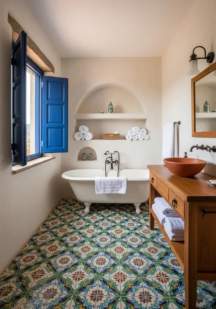 A warm and inviting restroom inspired by Mediterranean villas. The walls are finished with a rustic, textured stucco in a warm off-white. The floor is adorned with colorful, hand-painted Talavera tiles. An arched niche above the bathtub provides storage for towels and toiletries. The vanity is a simple wooden piece with wrought iron hardware and a terracotta vessel sink. Natural light pours in from a window with deep blue wooden shutters. A wide-angle view showcases the room's rustic charm and sunny, coastal ambiance.