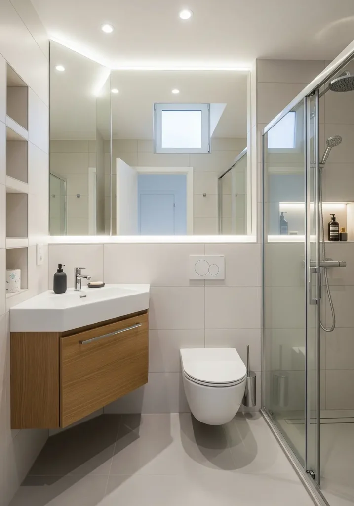 An innovative and stylish design for a compact restroom, maximizing every inch of space. A corner sink and a wall-mounted toilet create more floor area. A large, frameless mirror covers one entire wall to create the illusion of depth. A glass-enclosed shower with a sliding door prevents water from splashing. Light, neutral colors and clever, recessed shelving for storage make the room feel open and uncluttered. A wide-angle shot demonstrates how thoughtful design can make a small restroom feel surprisingly spacious and functional.