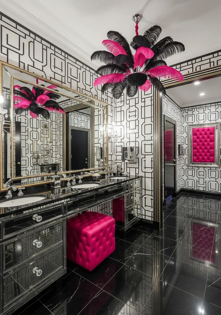 A glamorous and theatrical Hollywood Regency style restroom. This design features high-contrast colors like black, white, and hot pink. A mirrored vanity with crystal knobs, lacquered surfaces, and metallic accents takes center stage. A plush, tufted stool is tucked underneath. The walls are adorned with bold, graphic wallpaper, and the floor is a high-gloss black marble. An extravagant, feathered chandelier adds a touch of drama. The wide-angle perspective captures the bold, luxurious, and highly stylized nature of this celebrity-inspired look.