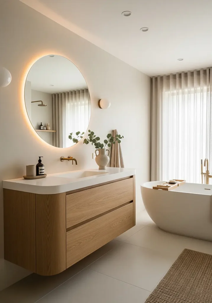 A soothing organic modern restroom that balances minimalist principles with natural warmth. The design features a palette of soft neutrals, creams, and beiges. A light oak vanity with a smooth, curved silhouette is paired with a matte white solid surface countertop. The walls have a subtle, lime wash texture. A freestanding tub with a soft, organic shape sits on a floor of large-format limestone tiles. Sheer linen curtains diffuse natural light. A wide-angle photograph highlights the calm, tactile, and harmonious environment.