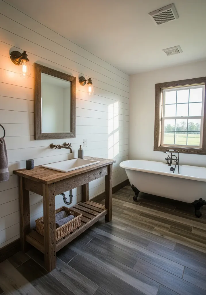 A cozy, rustic farmhouse restroom exuding warmth and charm. A reclaimed wood vanity with a trough-style sink sits against a white shiplap wall. Oil-rubbed bronze fixtures and vintage-style sconce lighting flank a simple framed mirror. The floor is made of weathered wood-look porcelain tiles. A freestanding clawfoot tub is positioned under a window with a view of a green pasture. This inviting scene is captured in a soft, natural morning light with a wide-angle perspective to showcase the entire comfortable and nostalgic space.