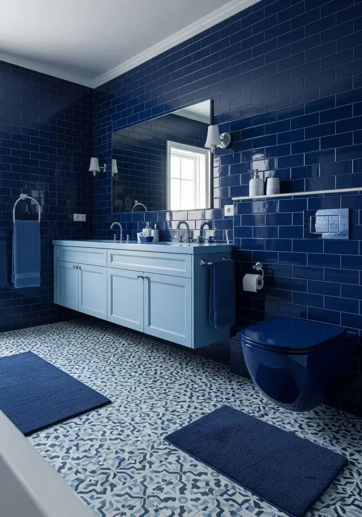 A bold and immersive restroom design executed in a monochromatic blue color scheme. Various shades, from deep navy to soft powder blue, are used across different surfaces and textures. The walls are covered in glossy, navy blue subway tiles, while the vanity is painted a matte sky blue. The floor is a patterned cement tile featuring different blue tones. Polished chrome fixtures provide a cool, metallic contrast. A wide-angle lens captures the cohesive and calming yet dramatic effect of this single-color design concept.