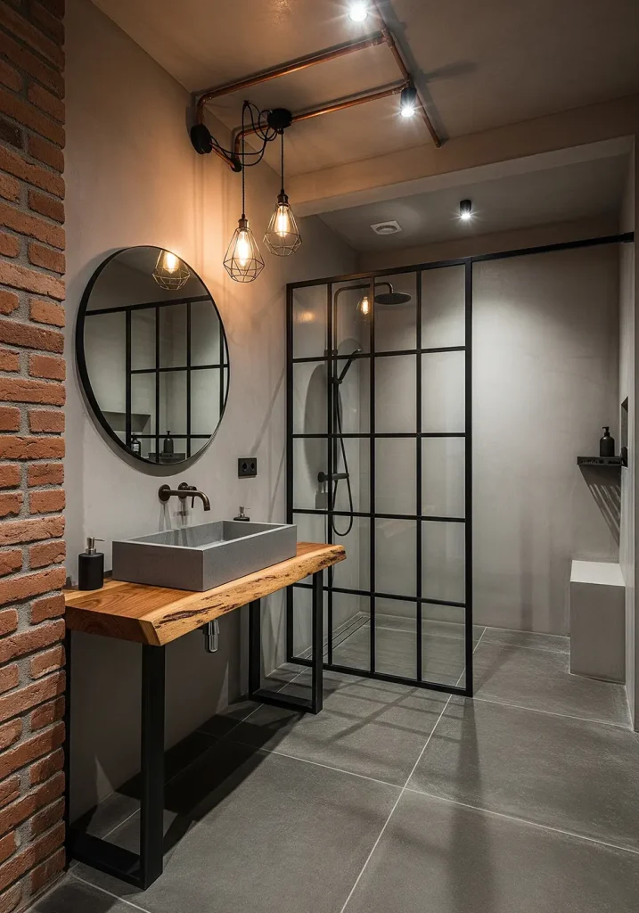 An edgy industrial-style restroom with a raw, utilitarian vibe. One wall features exposed red brick, while the others are smooth, polished concrete. A custom vanity is crafted from dark steel and a thick wooden slab, topped with a concrete vessel sink. Exposed copper piping and conduit run along the ceiling, leading to Edison bulb pendants. A Crittall-style black-framed glass panel encloses the shower. A full wide-angle shot captures the interplay of rough textures and refined metallic details, creating a sophisticated, urban look.